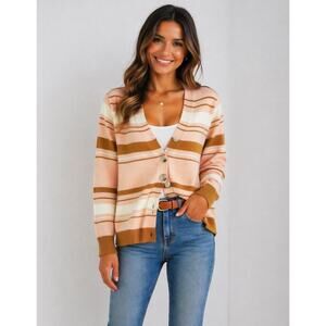 Pink Lily Pink and Brown Striped Long Sleeve Cardigan size small